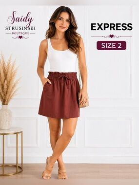 Express Paperbag Waist Mini Skirt cotton casual Lined Size 2 NWT